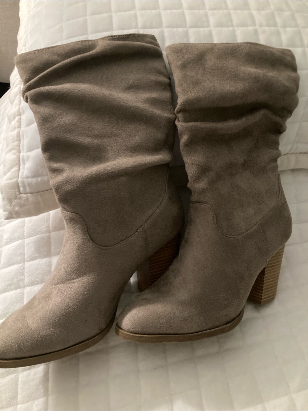 Women's Slouchy Mid-Calf Suede Block Heel Boots - Taupe. Size 7.